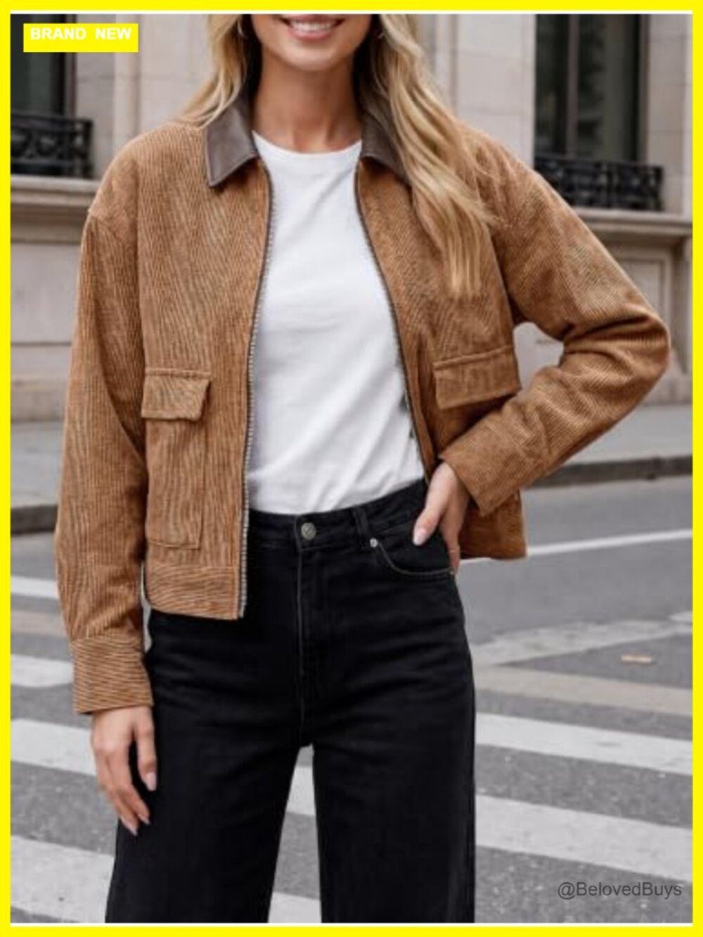 Womens Cropped Corduroy Oversized Zip Up Barn Bomber Jacket - Picture 3 of 5